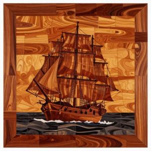 Маркетри: Панель с парусником на закате