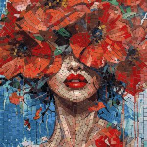 Red Poppy Woman Mosaic Art – 100×100 cm