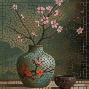 Мозаика «Дзен-цветы»: Зеленая ваза с розовым цветением
