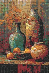 Classic Still Life Mosaic with Vases and Oranges