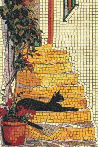 Black Cat on Yellow Stairs Mosaic Art