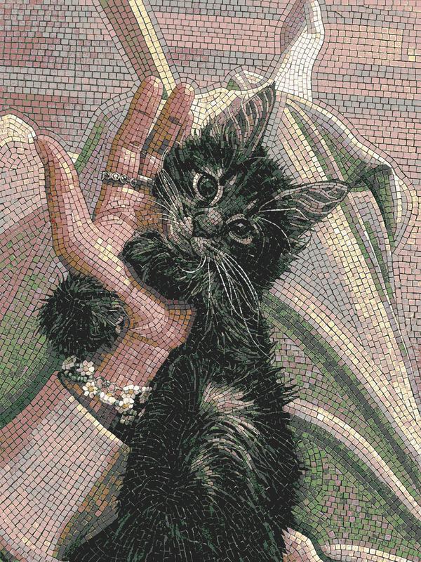Black Cat and Hand Mosaic Art - A Moment of Tenderness