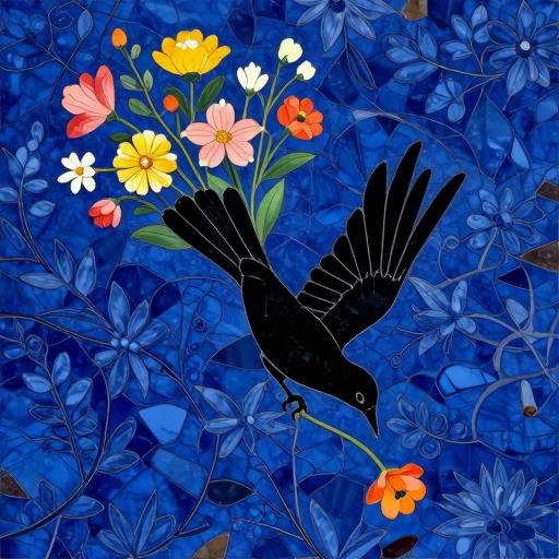Florentine Mosaic: Black Bird with Colorful Flowers