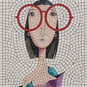 Mosaic Portrait of a Woman in Red Glasses