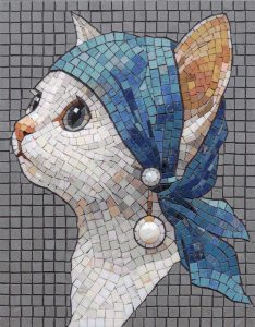Elegant White Cat in Blue Scarf Mosaic Art