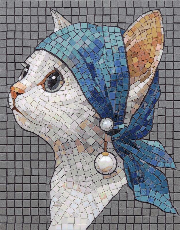Elegant White Cat in Blue Scarf Mosaic Art