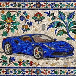 Florentine Mosaic Art: King in a Blue Ferrari