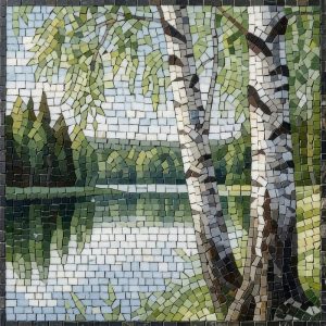 Serene Birch Forest Lake Mosaic Art