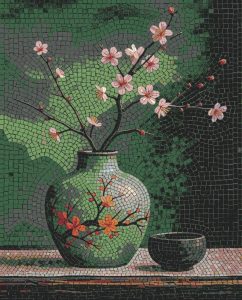 Мозаика «Цветущая вишня в зеленой вазе»