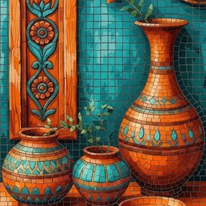 Vibrant Orange Vases Mosaic Art