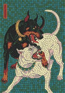 Fierce Dog Fight Mosaic Art – Intense Animal Conflict