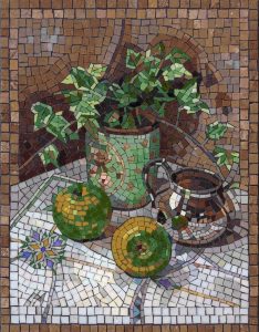 Green Still Life Mosaic Art – Potted Plant and Apples