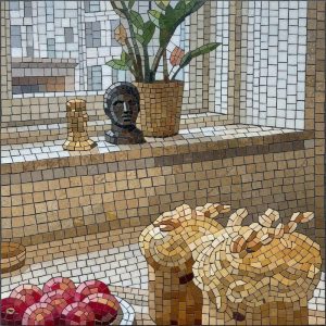 Мозаичный натюрморт с яблоками и растениями