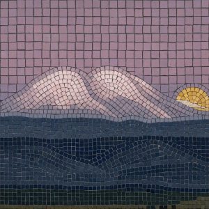 Безмятежный мозаичный пейзаж с розовыми горами