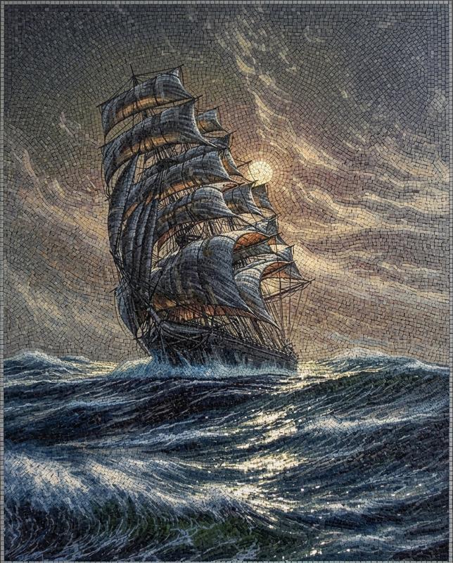 Sailing Ship in Stormy Sea Mosaic Art