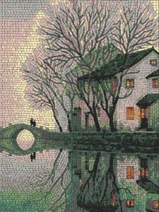 Serene Reflection Mosaic Art – Peaceful House and Bridge