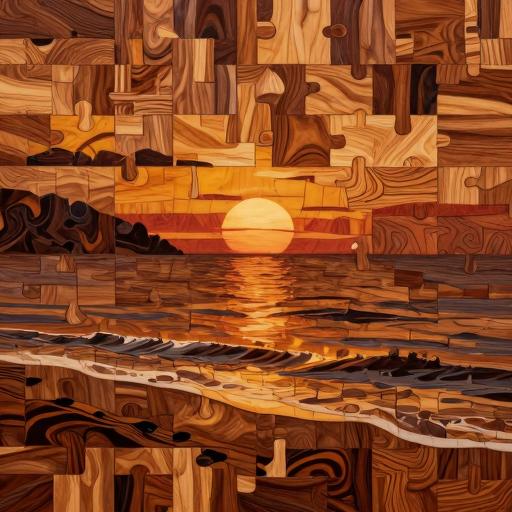 Sunset Over the Sea - Wooden Marquetry Art