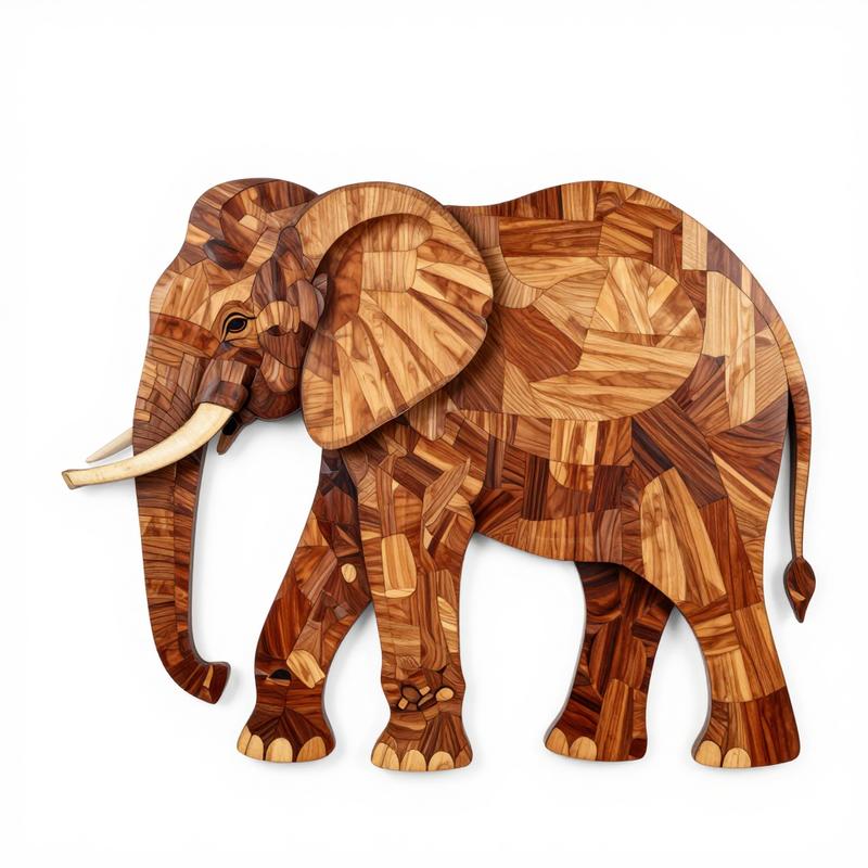 Marquetry Elephant on White Background, 100x100 cm