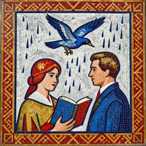 Советская мозаика: Девочка, мальчик и голубка в книжной сцене