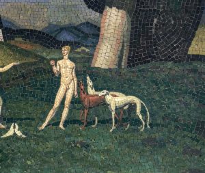 Классическая мозаика: Человек и собаки в пейзаже