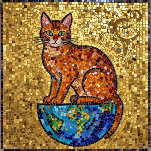 Византийский мозаичный рыжий кот на шаре, 100×100 см