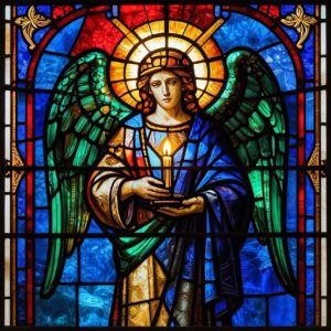 Витражная мозаика: Ангел с свечой в окне собора