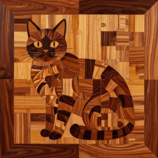 Cheerful Cat Marquetry Wood Art