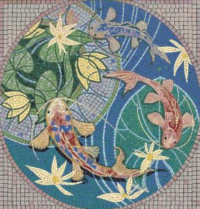 Красочный мозаичный пейзаж с рыбами