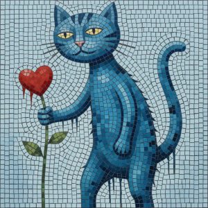 Blue Cat with Heart Mosaic Art – 100×100 cm