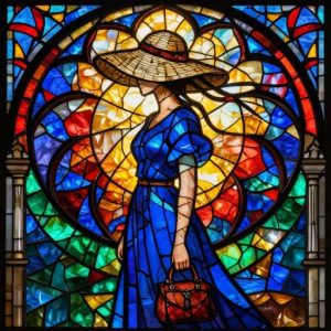 Девушка в синем платье и широкополой шляпе