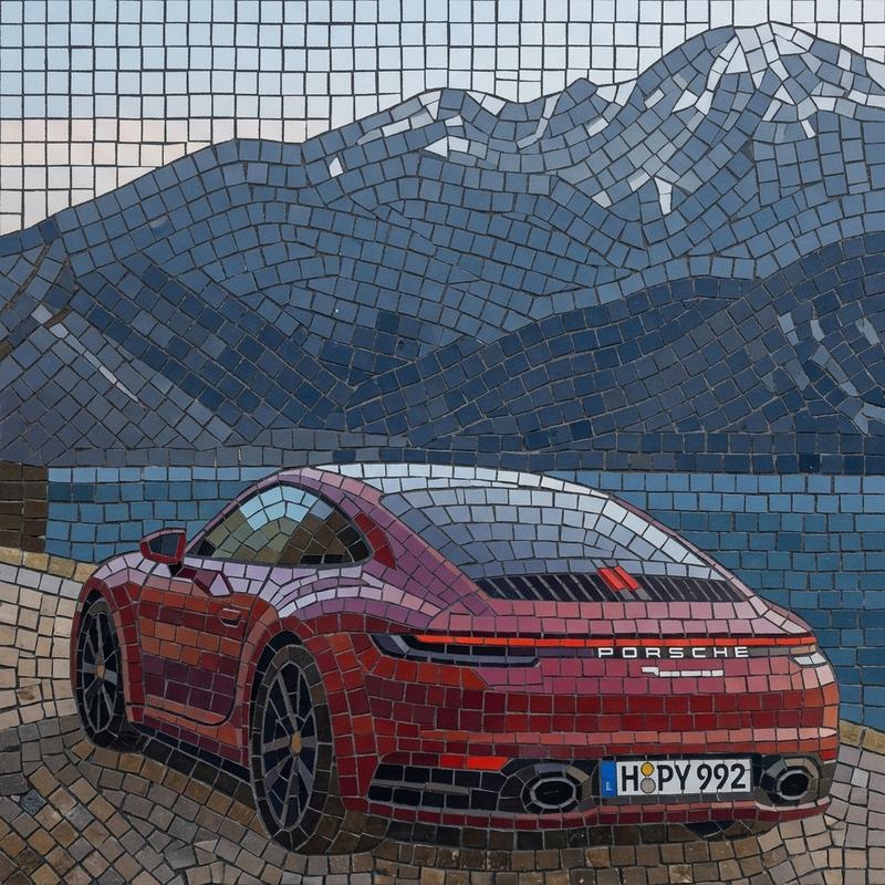 Red Porsche Mosaic Art - Luxury Sports Car