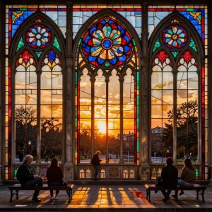 Витражная мозаика: теплый закат в парке