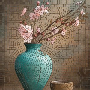Teal Vase with Pink Blossoms Mosaic Art