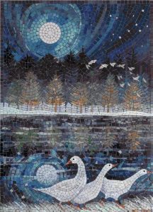 Night Geese Mosaic Art – Serene Winter Landscape