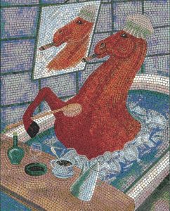 Сюрреалистическая мозаика: Красный пес на ванной