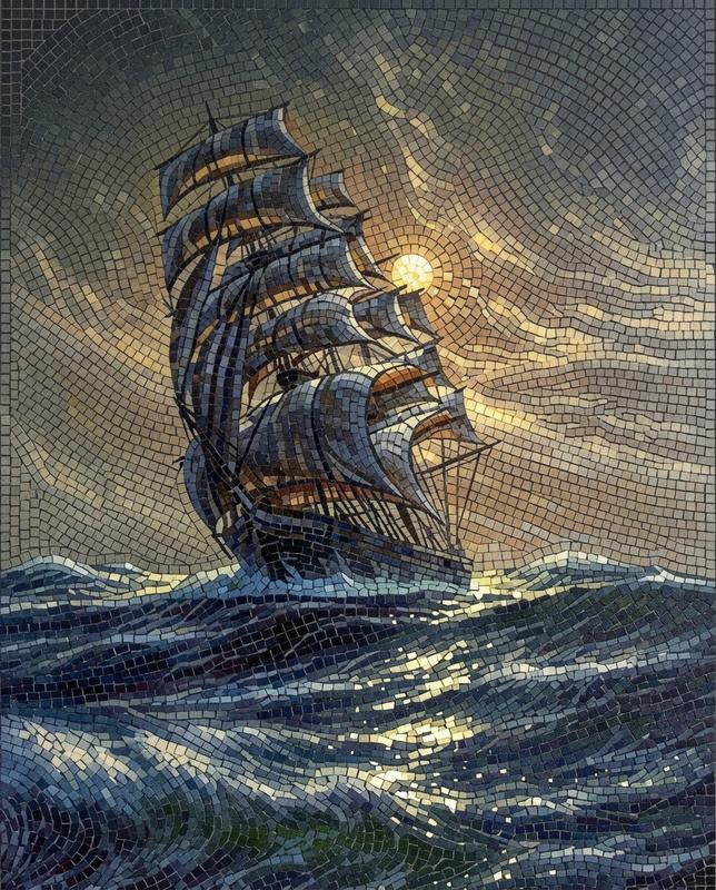 Sailing Ship in Golden Sunset Mosaic