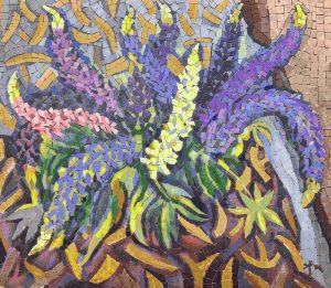 Vibrant Floral Mosaic Art – Purple and Yellow Blooms