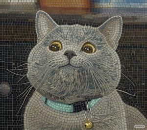 Мозаичный портрет серого кота с золотистыми глазами
