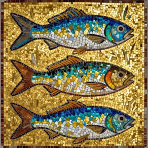 Бызантинский мозаичный полотно с изображением рыб под водой, 100×100 см