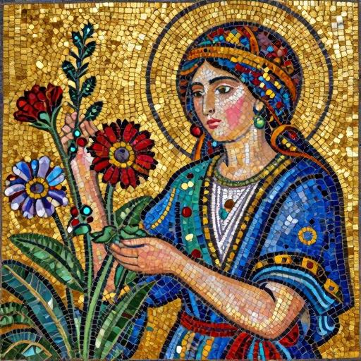 Byzantine Mosaic Art: Woman Gathering Flowers