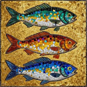Byzantine Mosaic Art: Three Colorful Fish on Gold