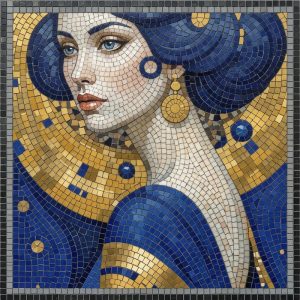 Elegant Woman in Blue and Gold Mosaic Art