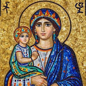 Byzantine Mosaic Art: Woman and Child in Gold and Blue