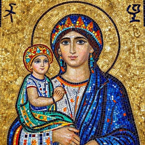 Byzantine Mosaic Art: Woman and Child in Gold and Blue