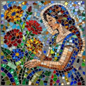 Woman Gathering Flowers – Opus Incertum Mosaic Art