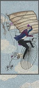 Мужчина на трёхколесном велосипеде с разбитым зонтом