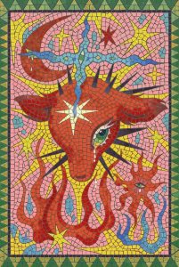 Surreal Red Celestial Creature Mosaic Art