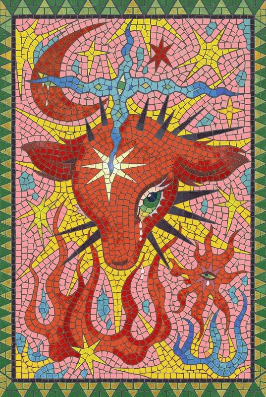 Surreal Red Celestial Creature Mosaic Art