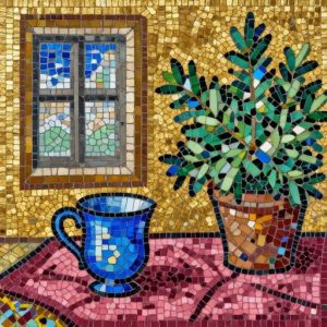 Byzantine Mosaic Still Life with Blue Mug and Plant