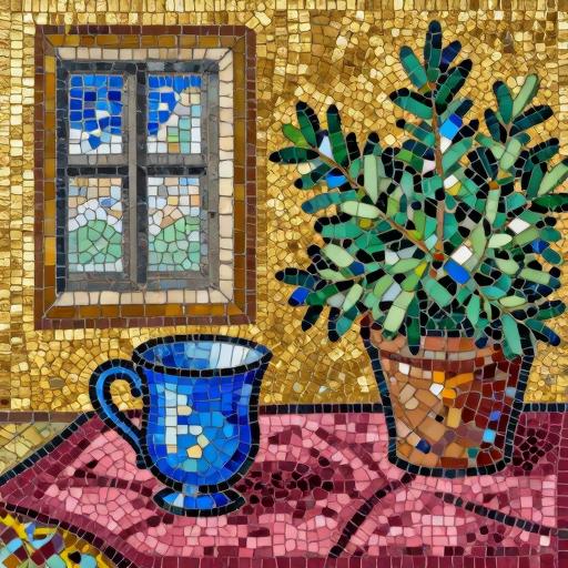 Byzantine Mosaic Still Life with Blue Mug and Plant